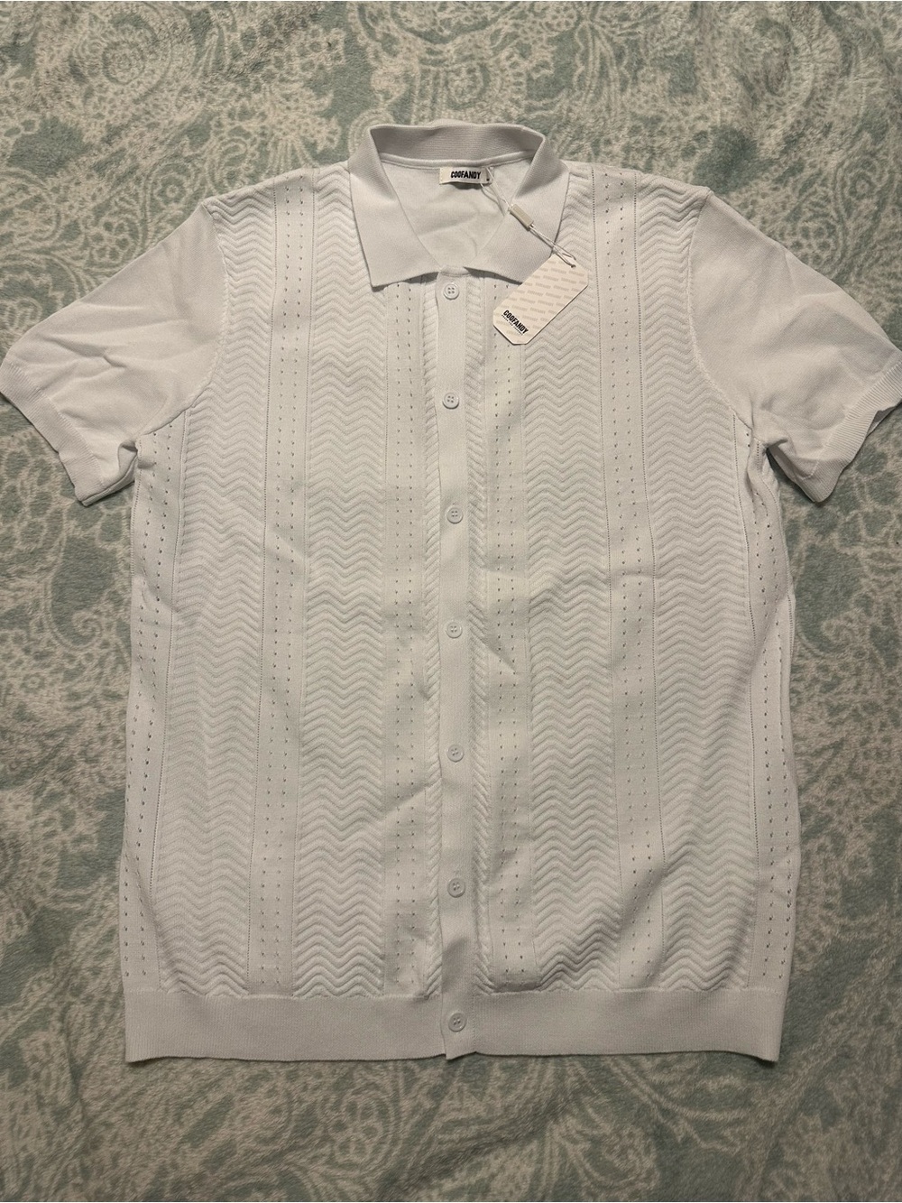 NWT Men's Coofandy Pointelle Chevron Short Sleeve Button Up Polo Shirt Size Med